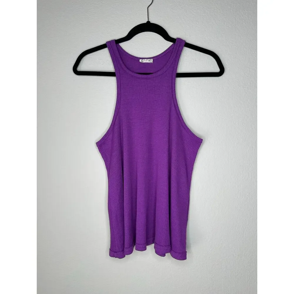 FREE PEOPLE Ribbed Flowy High Neck Racerback Tunic Tank Top Shirt Purple XS